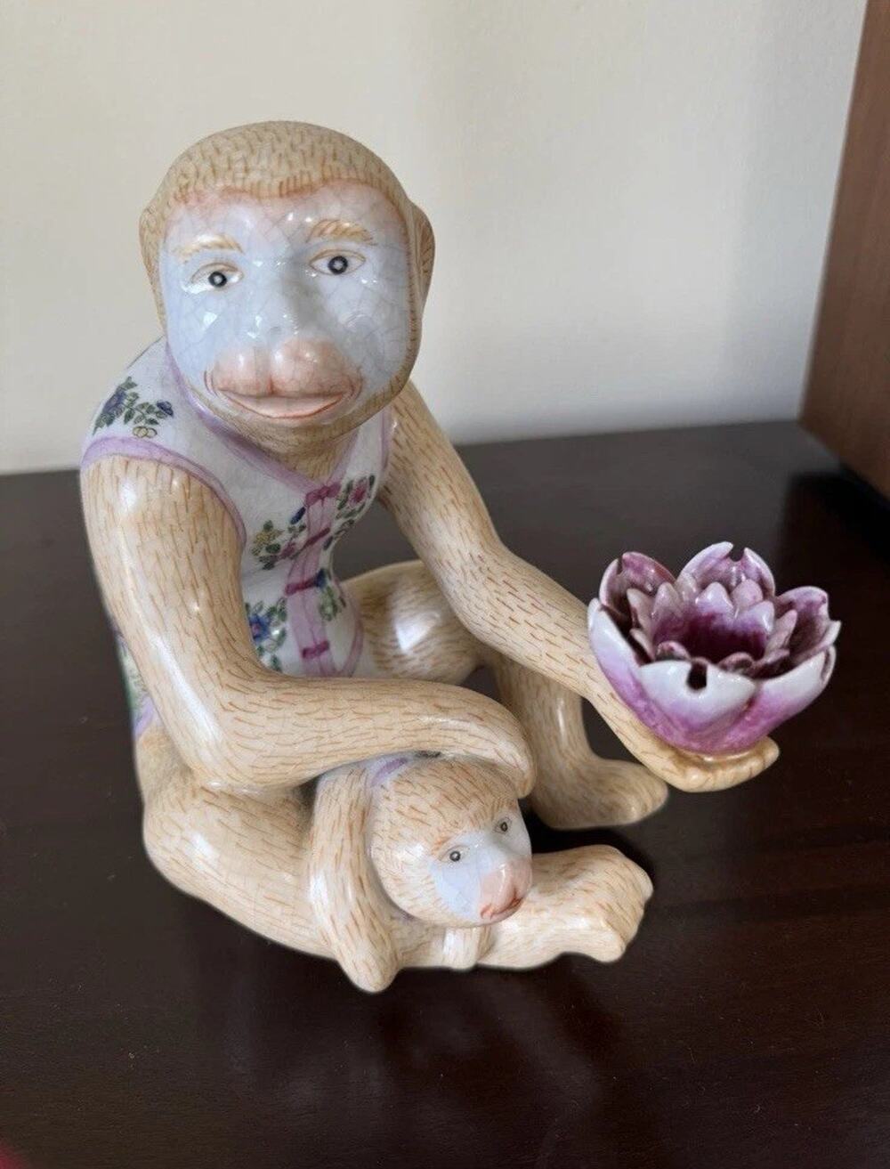 Vintage Chinoiserie Porcelain Ceramic Monkey Baby Lotus Flower People Rep China